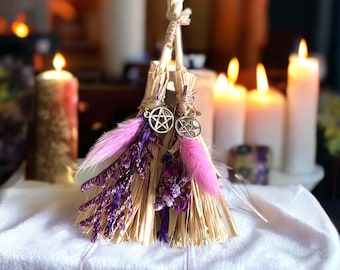 Witch’s mini besom broom sticks,positivity, protection, car mirror, dried flowers, pentacle charm, witches gifts,