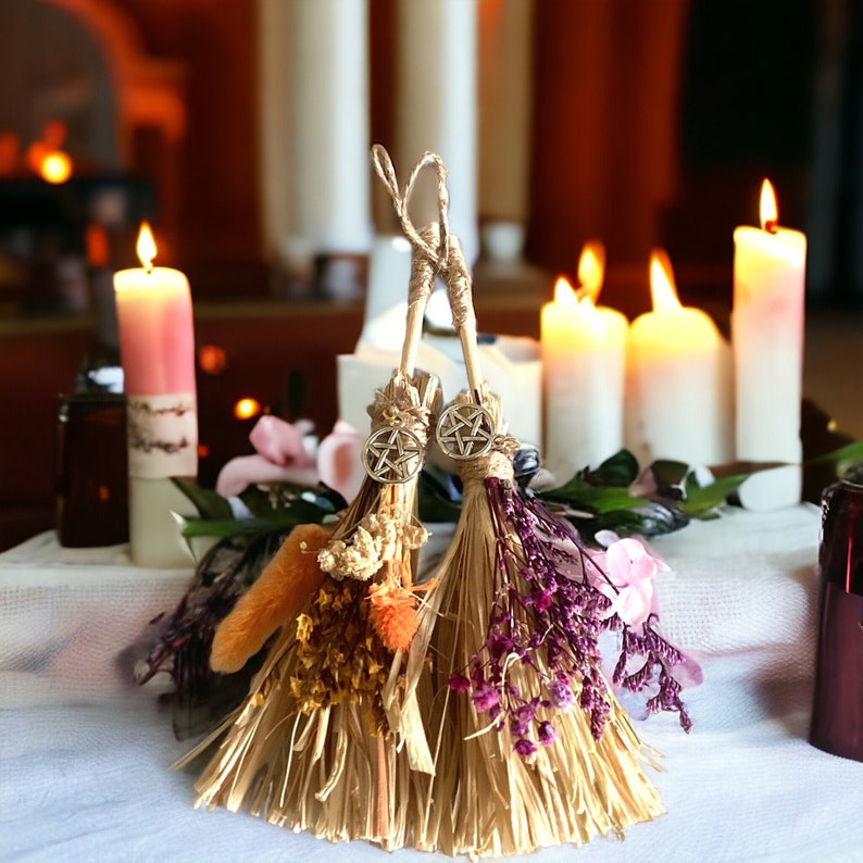 Witchs mini besom broom sticks,positivity, protection, car mirror, dried flowers, pentacle charm, witches gifts, image 3
