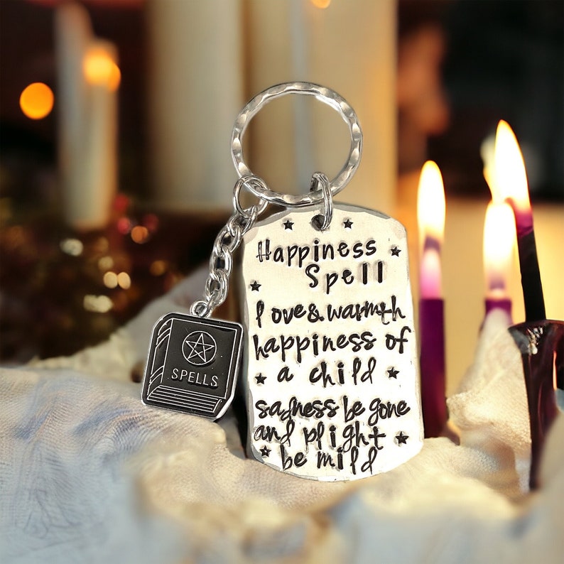 Witch spells keyrings, hand stamped bag charms, anger spell, good luck spell, success spell, happiness spell, ring protection, witches gifts Happiness spell