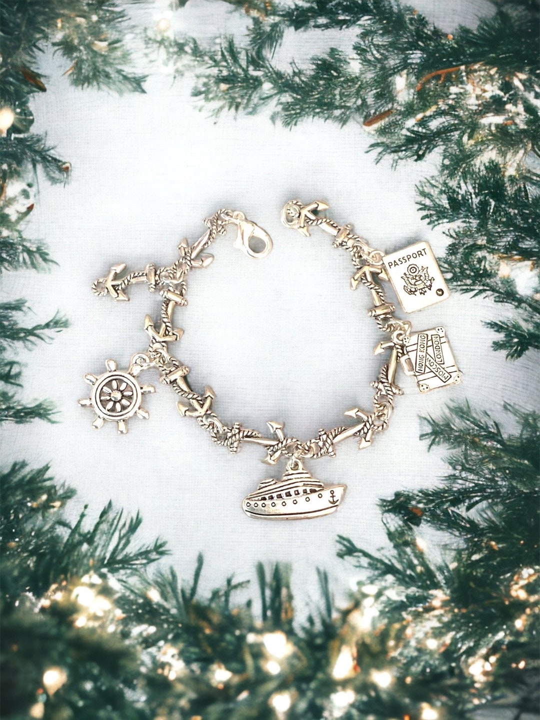 Cruise Ship Bracelet With Anchors, Ship, Wheel, Globe, Passport and Suitcase, 7.5 Length, Etsy