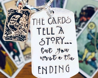 Tarot gift, the cards tell a story, tarot hand stamped keyring, oracle cards, witches gifts