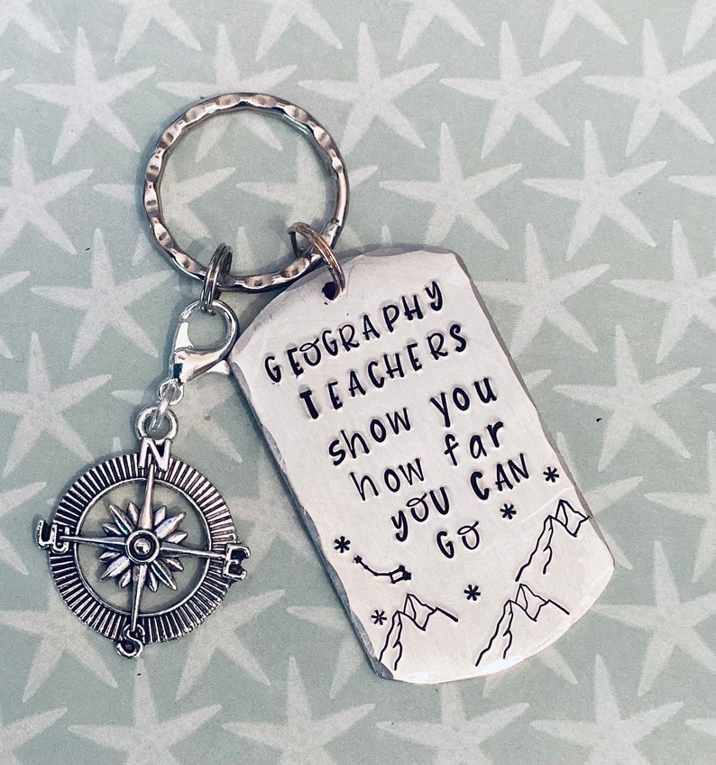 Geography Teacher appreciation keyring, geography lecturer gift, TA gift, End of year gift, Hand stamped, Thank you gift, for her, for him image 5