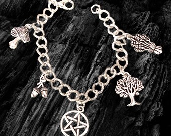 Pagan charm bracelet with a silver chain, toadstool, tree, acorn, pentagram, wheat, 7.5 inches long