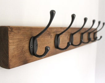 Chunky Wooden Coat Rack Vintage Reclaimed Handmade Cast Iron Hook Coat Hat Hooks