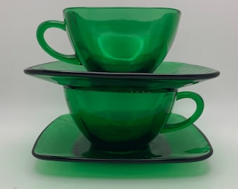 Vintage Glass Tea Set | Emerald Green | Cups and Saucers | Anchor Hocking Charm