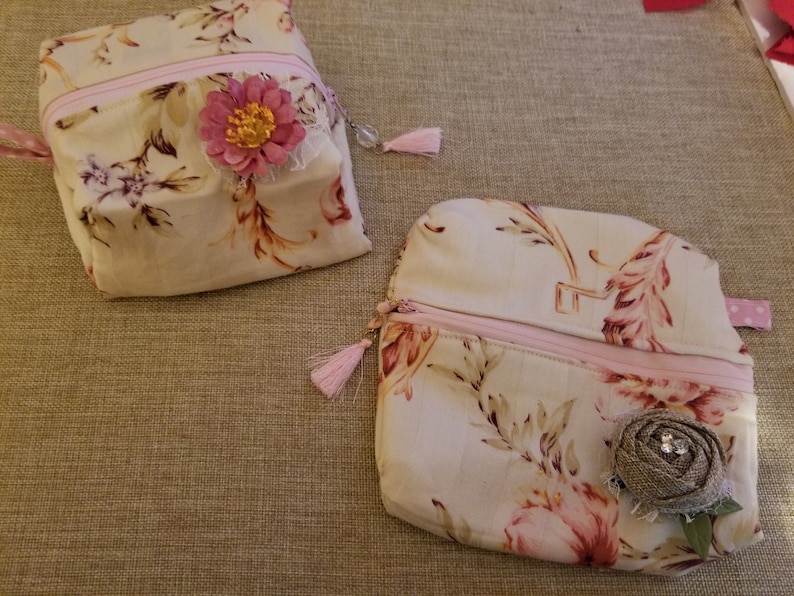 New 2 Handmade Poof Make Up Travel Bag Set Country French Style Makeup Bag Vintage Style Makeup Travel Bag Set Vacation Travel Bag Set