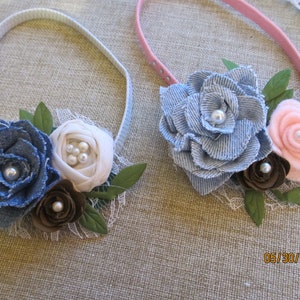 50% Off Sale Rustic Baby Flower Rustic Denim Rose Headband Flowers, Rustic Denim Rose Headband Flowers, Rustic Flower Baby Photo Headband,