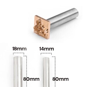May include: A metal branding iron with a square copper head featuring a raised design. Two additional cylindrical metal handles are shown with labels indicating diameters of 18mm and 14mm, and a length of 80mm for both components.