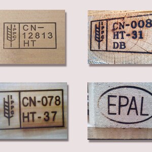 May include: Four close-up images of wood pallet stamps. The first stamp shows the text "CN-12813 HT" and a wheat stalk symbol. The second stamp shows the text "CN-008 HT-31 DB" and a wheat stalk symbol. The third stamp shows the text "CN-078 HT-37" and a wheat stalk symbol. The fourth stamp shows the text "EPAL" in an oval shape.