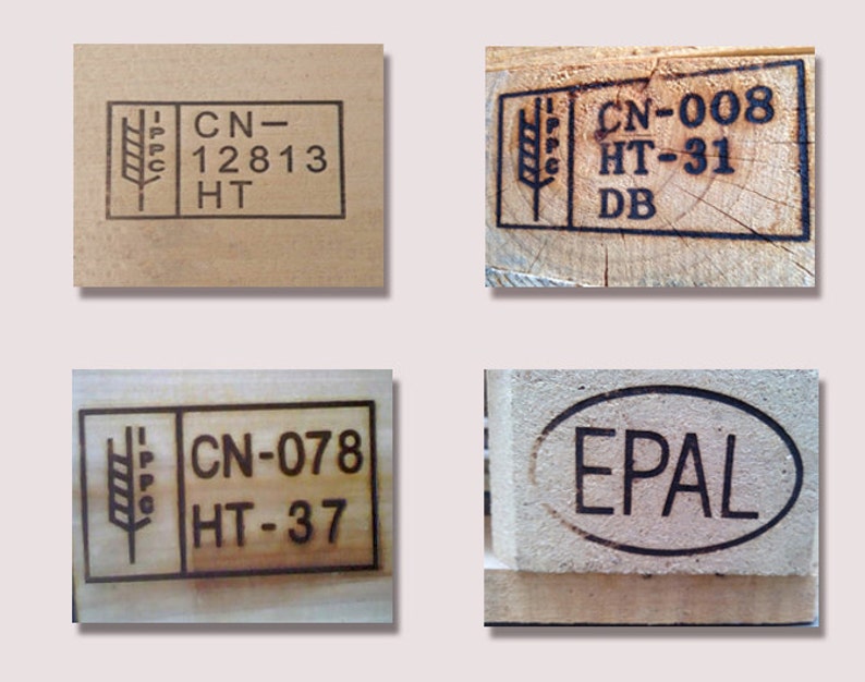 May include: Four close-up images of wood pallet stamps. The first stamp shows the text "CN-12813 HT" and a wheat stalk symbol. The second stamp shows the text "CN-008 HT-31 DB" and a wheat stalk symbol. The third stamp shows the text "CN-078 HT-37" and a wheat stalk symbol. The fourth stamp shows the text "EPAL" in an oval shape.