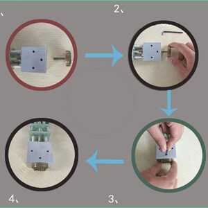 May include: A four-step assembly process for a silver metal device with a brass component. The device has four holes and a screw. The steps are numbered 1 through 4.