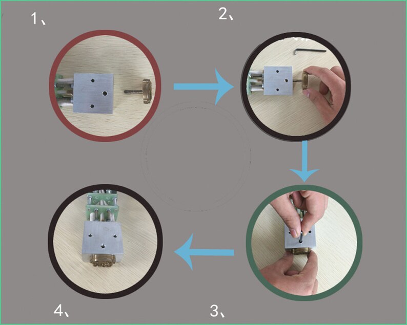 May include: A four-step assembly process for a silver metal device with a brass component. The device has four holes and a screw. The steps are numbered 1 through 4.