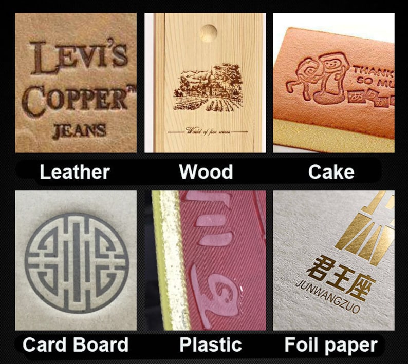 May include: A comparison of different materials that can be used for laser engraving. The materials include leather, wood, cake, cardboard, plastic, and foil paper. Each material has a different texture and color, and the laser engraving creates a unique effect on each one.