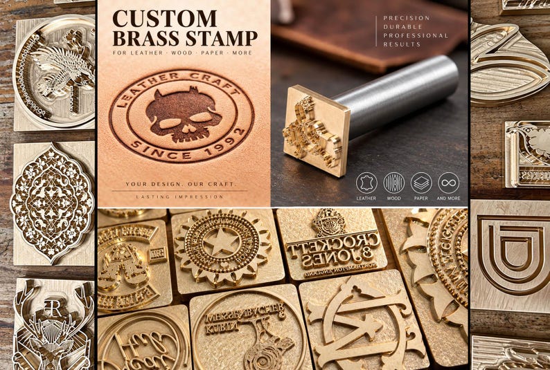 May include: A collection of custom brass stamps featuring various engraved designs including skulls, crests, and logos. The stamps are shown with a metal handle and examples of impressions on leather, with text reading CUSTOM BRASS STAMP.