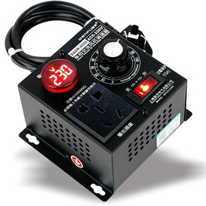 May include: A black electrical device with a red digital display showing 230 volts. The device has a knob for voltage regulation, an on/off switch, and a power outlet. The text on the device reads "DADR-4000 AC0-220V" and "WENFURS".