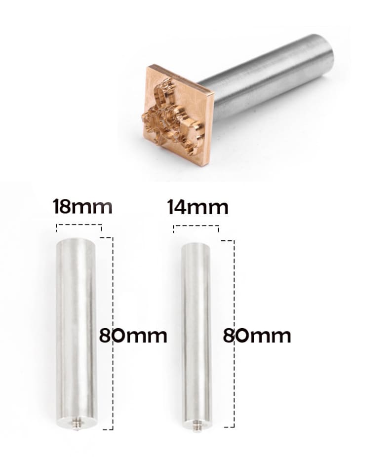 May include: A metal branding iron with a square copper head featuring a raised design. Two additional cylindrical metal handles are shown with labels indicating diameters of 18mm and 14mm, and a length of 80mm for both components.