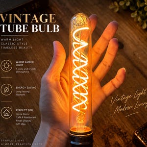 May include: A cylindrical vintage tube bulb with a glowing spiral filament emitting a warm amber light. The glass is clear and elongated, featuring a metallic base. Text on the image includes VINTAGE TUBE BULB, WARM AMBER LIGHT, ENERGY SAVING, and Vintage Light Modern Living.