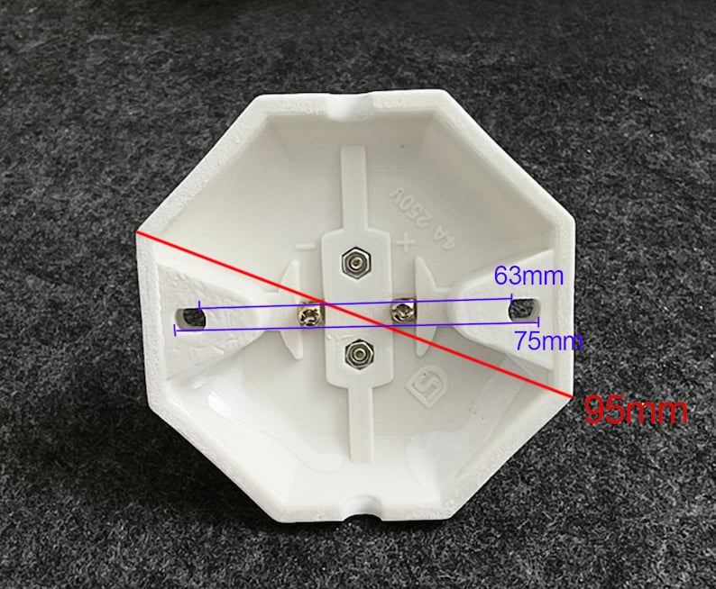 May include: White octagonal electrical box with four screw terminals and the text "6A 250V". The box measures 7.5 inches by 6.3 inches and 9.5 inches diagonally.