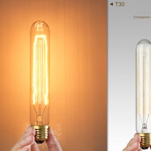May include: A clear glass light bulb with a long, thin shape and a filament inside. The bulb is lit and glowing. The bulb is labelled "T30".