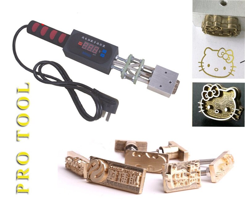 May include: A black electric heat press with a digital temperature display and a cord. The heat press has a set of interchangeable metal stamps with various designs, including a Hello Kitty design, a Chinese character, and a floral design.