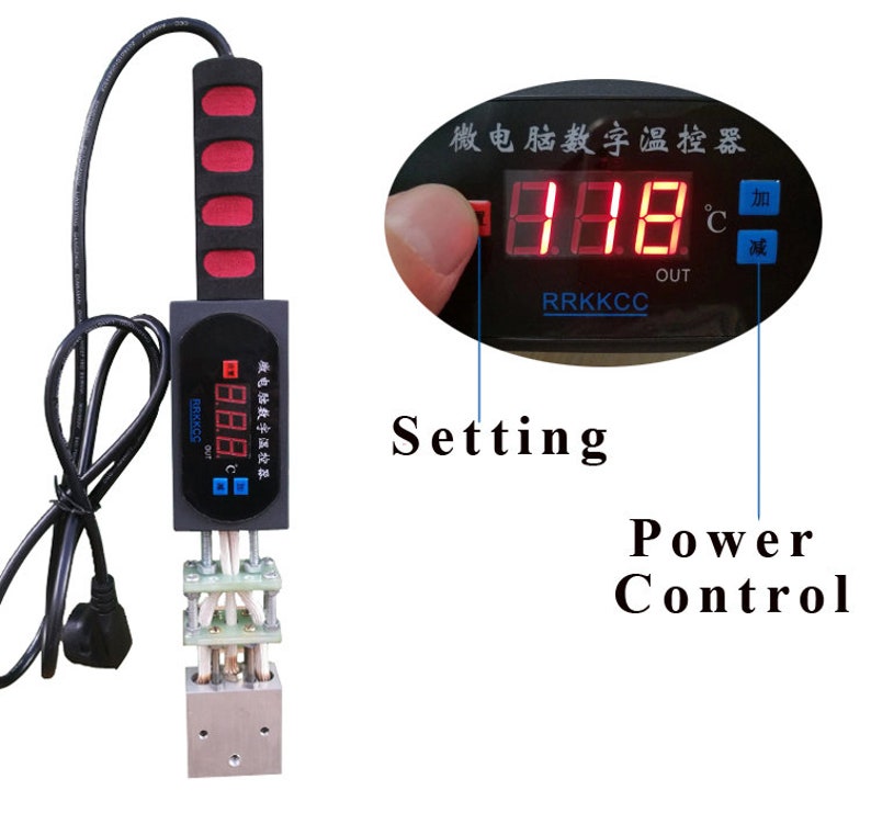 May include: A black digital temperature control device with a red display and a black handle. The device has a power control button and a setting button. The display shows the temperature in degrees Celsius.