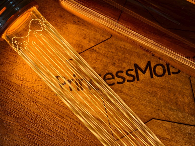 May include: Close-up of a vintage-style light bulb with a warm, amber glow. The bulb's filament is visible, and the words "PrincessMois" are printed on the wooden surface below. The overall aesthetic is rustic and warm.