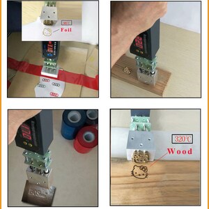 May include: A handheld heat press tool with a digital temperature display. The tool is being used to press a Hello Kitty design onto a piece of wood. The temperature is set to 320 degrees Celsius. The image also shows the tool being used to press a Hello Kitty design onto a piece of foil. The temperature is set to 90 degrees Celsius.