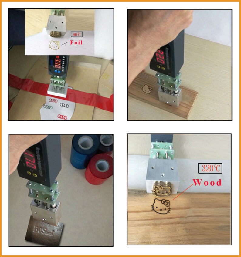 May include: A handheld heat press tool with a digital temperature display. The tool is being used to press a Hello Kitty design onto a piece of wood. The temperature is set to 320 degrees Celsius. The image also shows the tool being used to press a Hello Kitty design onto a piece of foil. The temperature is set to 90 degrees Celsius.