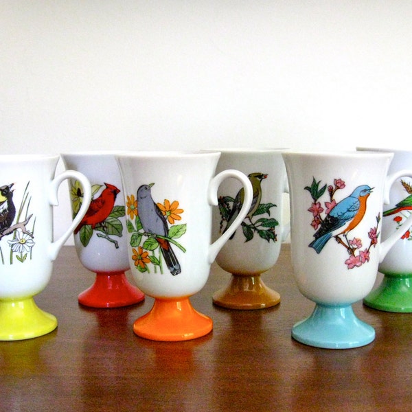Vintage Bird Motif Porcelain Pedestal Cups or Footed Mugs - Set of 6
