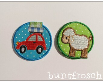 Embroidered iron-on transfer sheep or car 4.9 cm