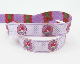 3 m woven ribbon toadstools lilac with dots