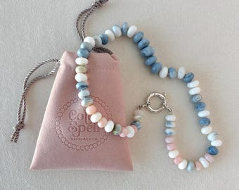 Dawnlight Opal Silk-Knotted Gemstone Necklace: Owyhee Blue Opal, Pink Opal, White Opal