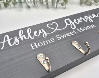 Personalised Wooden Key Holder with hooks, New Home Gift, Housewarming Present, First Home, Couple Gift