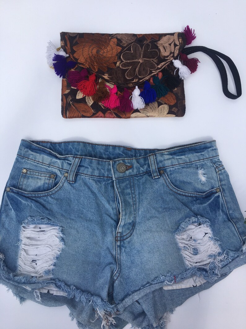 Women Demin Shorts with Guatemalan Textil and clutch