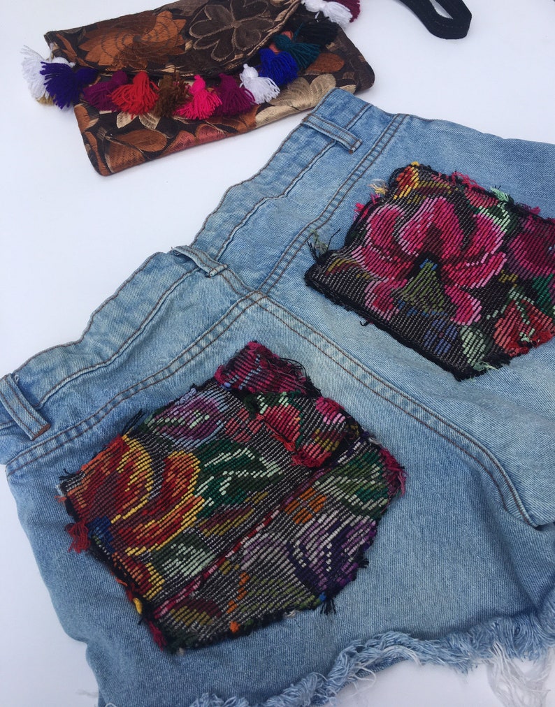 Women Demin Shorts with Guatemalan Textil and clutch