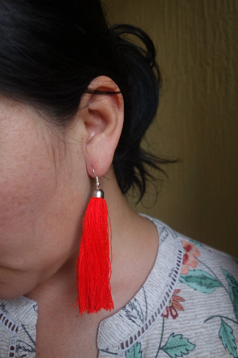 Set of 6 Long Guatemalan colorful tassel earrings