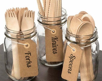 Juego de 100 cubiertos de madera a granel, tenedores, cuchillos y cucharas, ecológicos, desechables, para fiestas y catering.