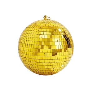May include: A gold disco ball, spherical in shape, covered in small, square mirrored tiles. It has a metal loop at the top for hanging. The reflective surface is designed to scatter light, creating a shimmering effect.