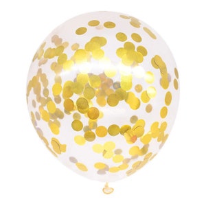 5 globos de confeti dorados para decorar fiestas de cumpleaños, bodas y compromisos.