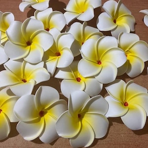 May include: A collection of white plumeria flowers with yellow centres and red accents. The flowers are arranged on a light brown surface. These artificial flowers are ideal for decorative purposes. The flowers are approximately 10 cm in diameter.