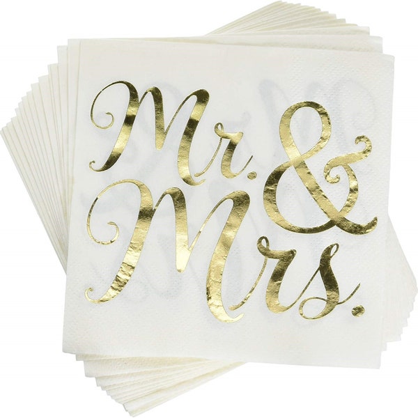 Wedding Paper Cocktail Napkins Serviettes Mr & Mrs Gold Party Table Decorations