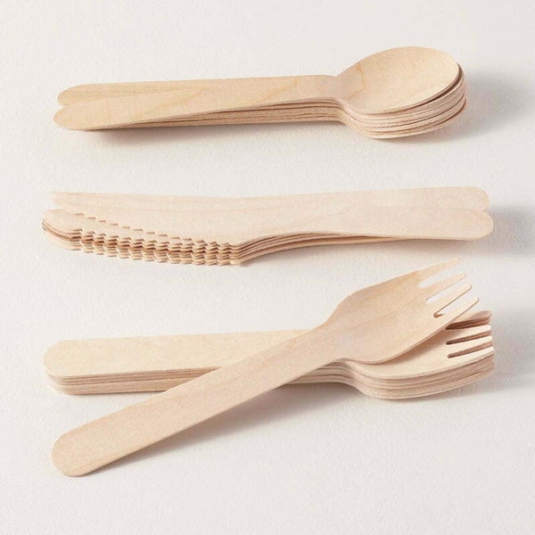 100pcs Wooden Cutlery Bulk Forks Knives Spoons Set Eco Disposable Party Catering