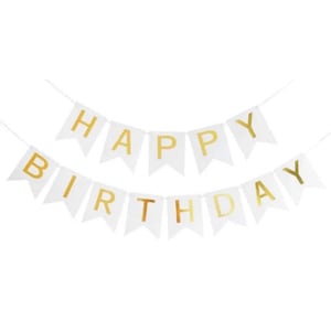 Banner de decoración para fiesta de feliz cumpleaños, fondo blanco y dorado
