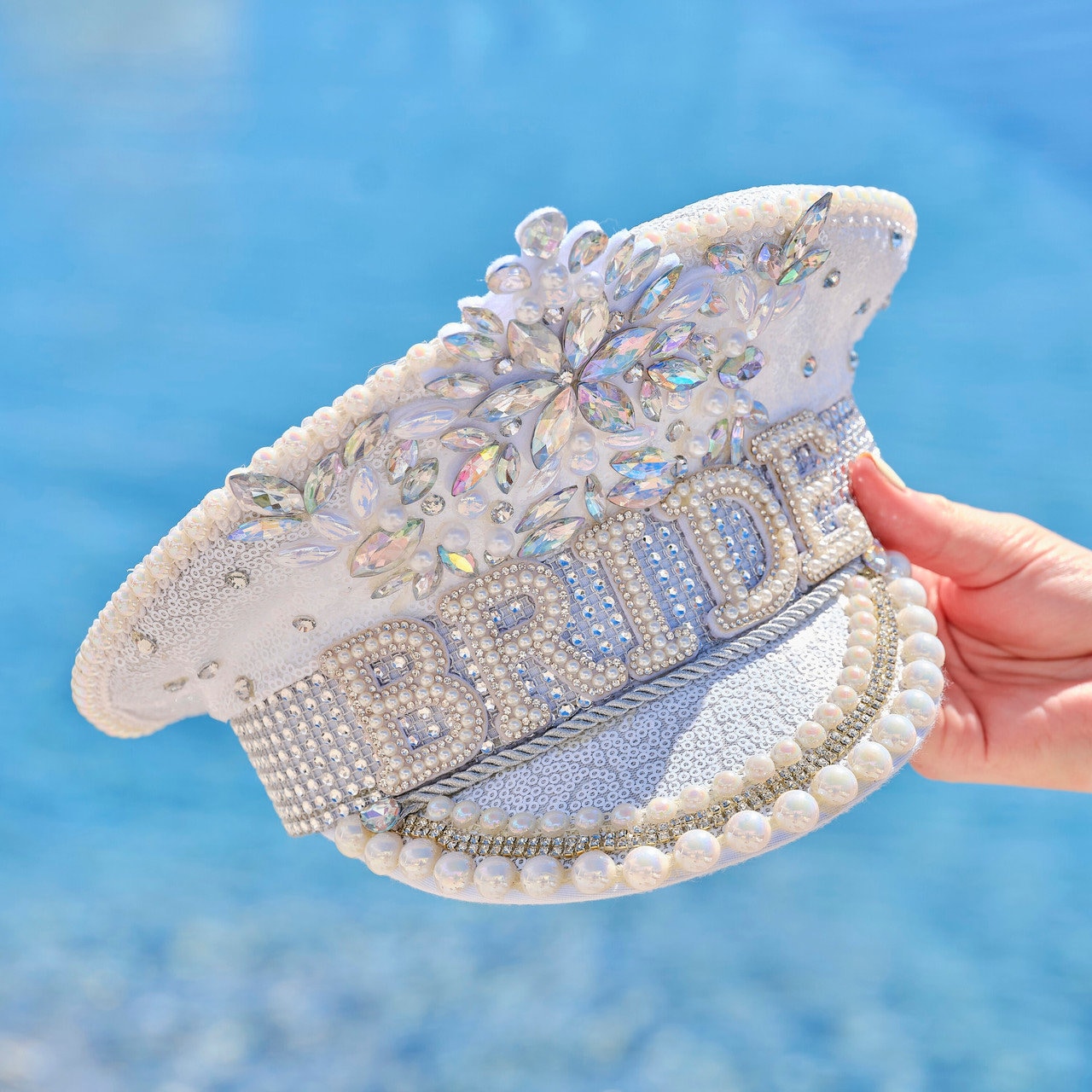 Handmade Women Sequin Military style Hat Rhinestone Bride Womens White Sequin Faux Gem Pearl Flower Burst Iridescent  main image 4