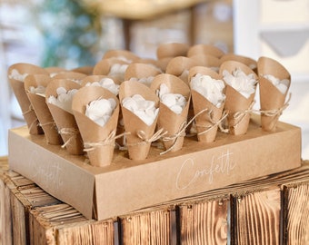 Conos de confeti de boda x 24 con soporte para bandeja, decoración rústica biodegradable