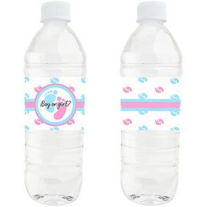 Boy or Girl Water Bottle Labels x 12 Gender Reveal Decorations Baby Shower Party
