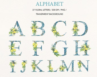 Lemon and Olives Alphabet / Letters and Numbers / Yellow and Aqua blue Digital Graphic Set / Hand-painted clip art