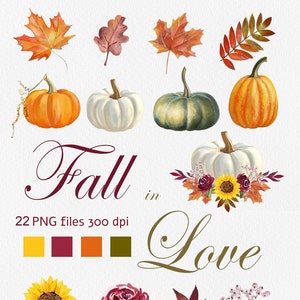 Herbst Clip Art / Kürbisse und Blätter / Herbstblumen / Herbstblumen, Hochzeit Clipart, handbemalte Blumensträuße