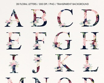 Floral Alphabet Clipart: Navy, Blush, Burgundy Roses (PNG Digital Download)