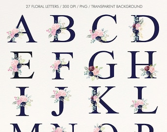 Floral Alphabet Clip Art: Navy, Blush, and Red Roses (Digital Download)